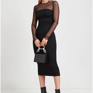 Marcella Maite Dress - Black midi length bodycon dress with mesh long sleeves